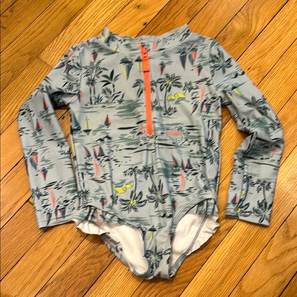 Gray Long Sleeve Swimsuit with Tropical Print